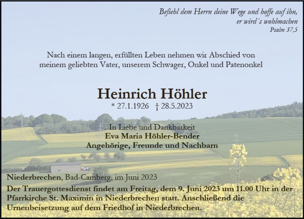  Traueranzeige für Heinrich Höhler vom 06.06.2023 aus Nassauische Neue Presse