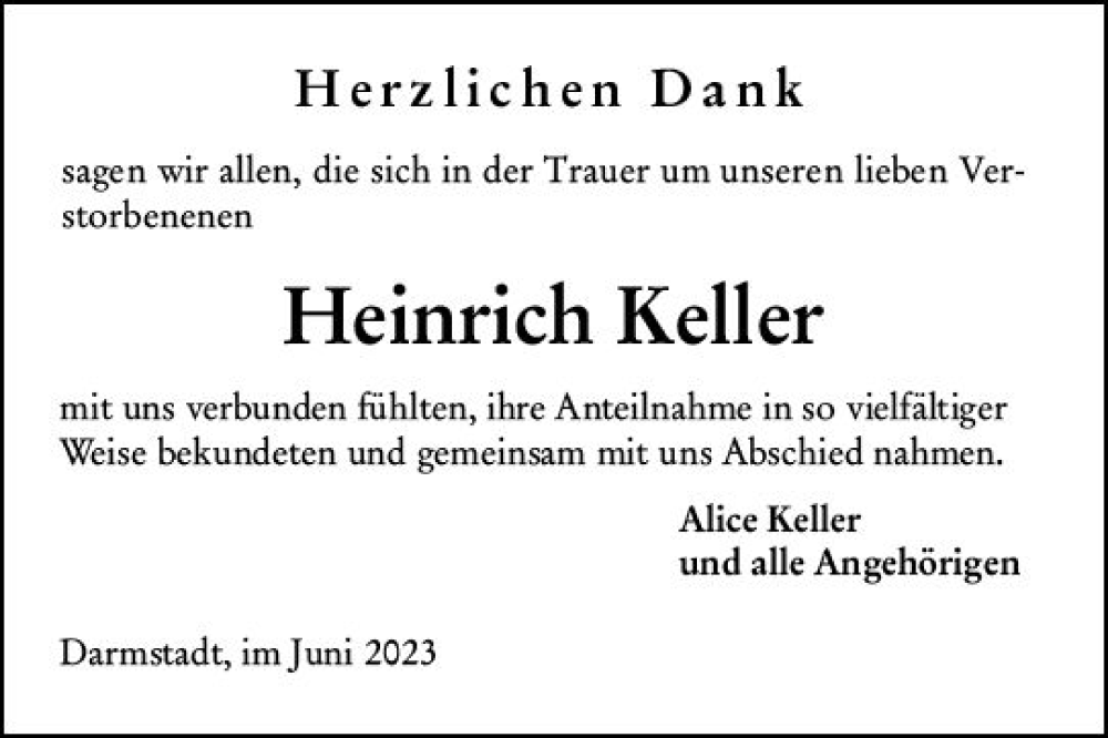  Traueranzeige für Heinrich Keller vom 10.06.2023 aus Darmstädter Echo