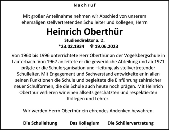 Traueranzeige von Heinrich Oberthür von VRM Trauer