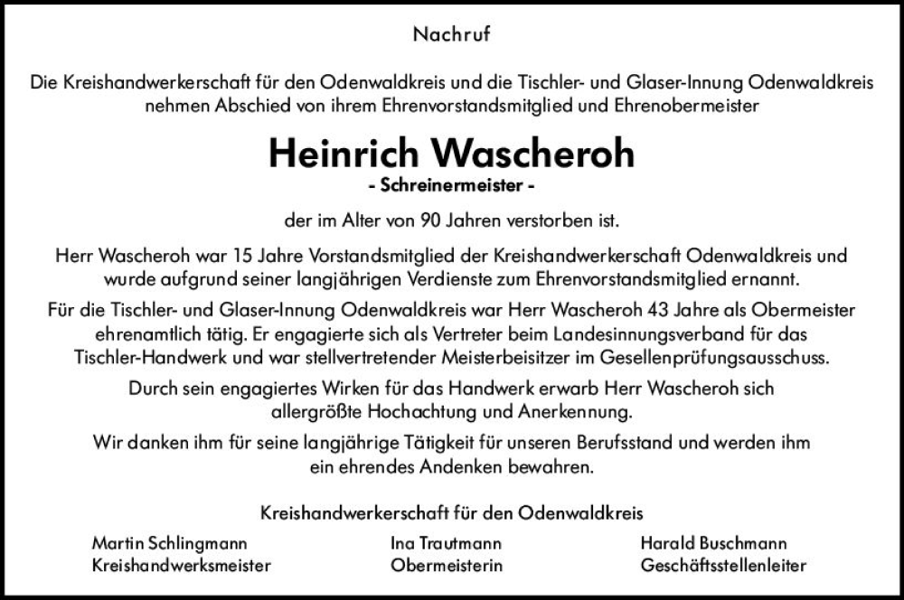  Traueranzeige für Heinrich Wascheroh vom 03.06.2023 aus Odenwälder Echo