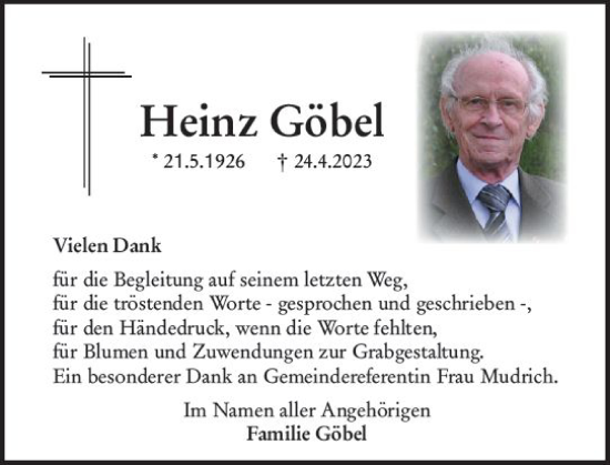Traueranzeige von Heinz Göbel von Camberger Anzeiger