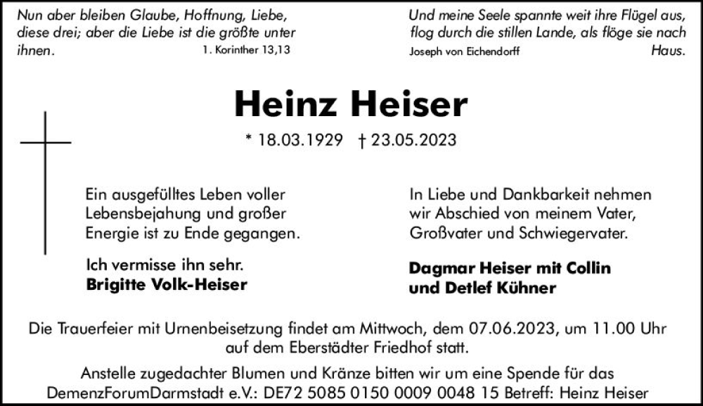  Traueranzeige für Heinz Heiser vom 03.06.2023 aus Darmstädter Echo