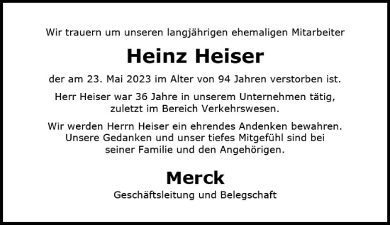 Traueranzeige von Heinz Heiser von Darmstädter Echo