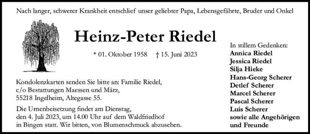 Traueranzeige für Heinz-Peter Riedel vom 01.07.2023 aus Allgemeine Zeitung Mainz
