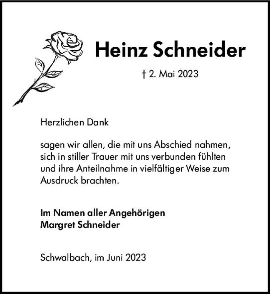  Traueranzeige für Heinz Schneider vom 24.06.2023 aus Wetzlarer Neue Zeitung