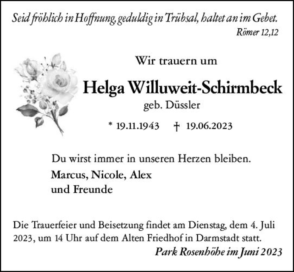  Traueranzeige für Helga Willuweit-Schirmbeck vom 01.07.2023 aus Darmstädter Echo