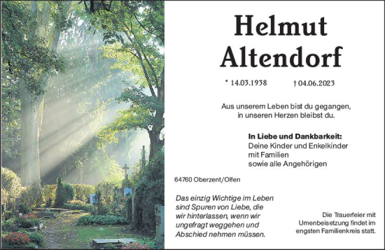 Traueranzeige von Helmut Altendorf von Odenwälder Echo