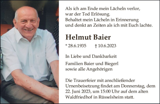 Traueranzeige von Helmut Baier von Rüsselsheimer Echo
