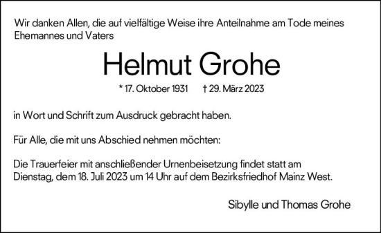 Traueranzeige von Helmut Grohe von Allgemeine Zeitung Mainz