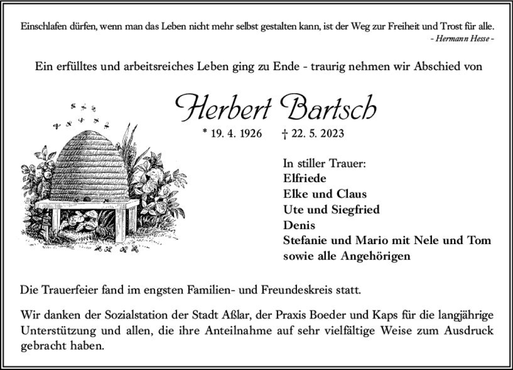  Traueranzeige für Herbert Bartsch vom 03.06.2023 aus Wetzlarer Neue Zeitung