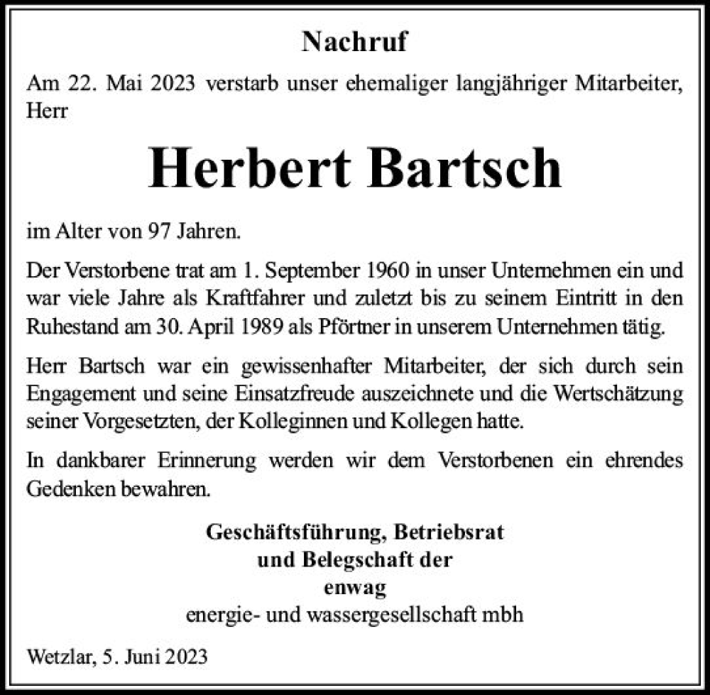  Traueranzeige für Herbert Bartsch vom 07.06.2023 aus Wetzlarer Neue Zeitung