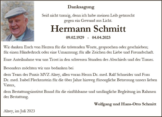 Traueranzeige von Hermann Schmitt von Allgemeine Zeitung Alzey