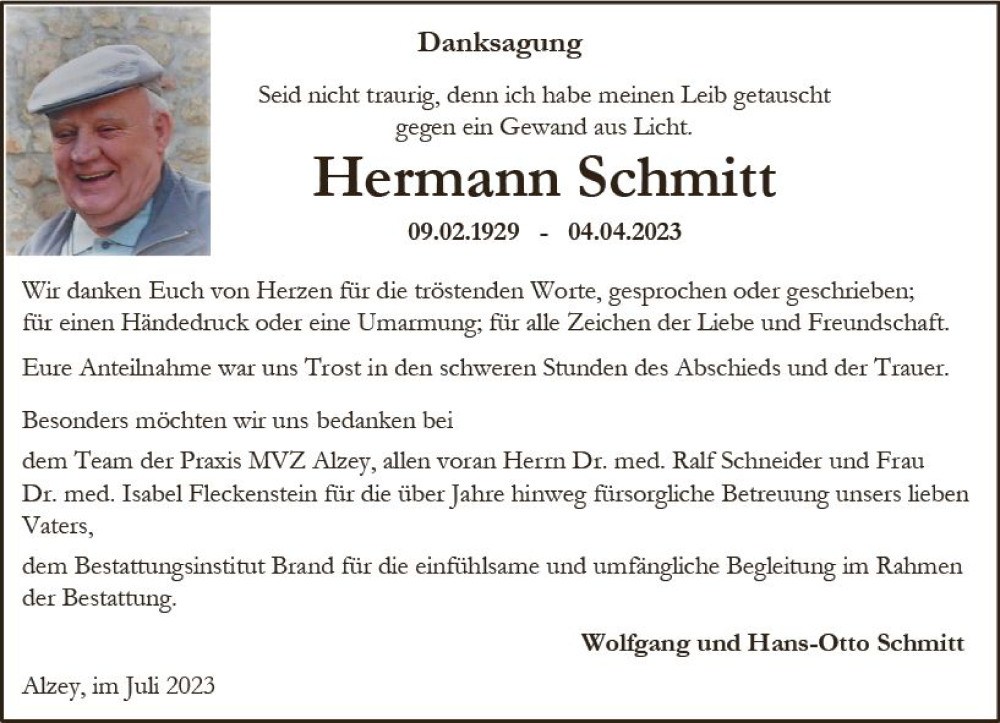  Traueranzeige für Hermann Schmitt vom 01.07.2023 aus Allgemeine Zeitung Alzey