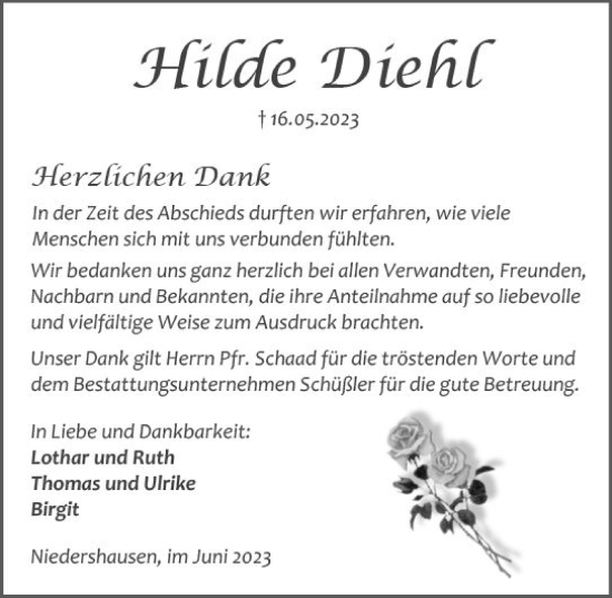 Traueranzeige von Hilde Diehl von Weilburger Tageblatt