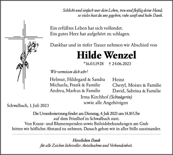 Traueranzeige von Hilde Wenzel von Wetzlarer Neue Zeitung