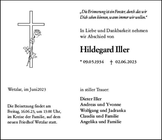 Traueranzeige von Hildegard Iller von Wetzlarer Neue Zeitung