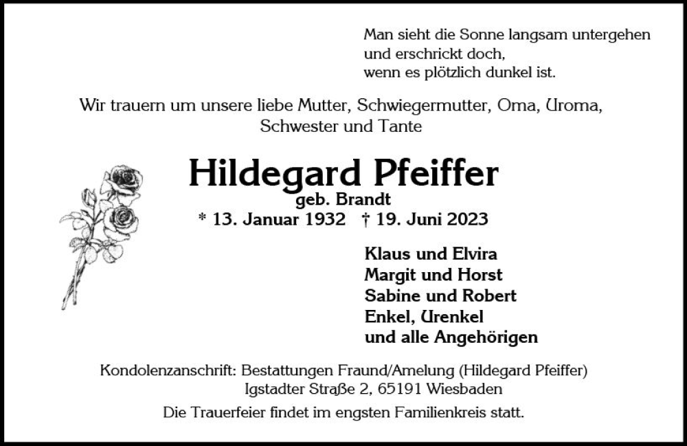  Traueranzeige für Hildegard Pfeiffer vom 24.06.2023 aus Wiesbadener Kurier