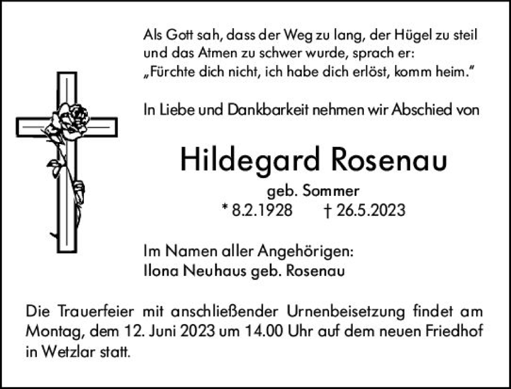  Traueranzeige für Hildegard Rosenau vom 09.06.2023 aus Wetzlarer Neue Zeitung
