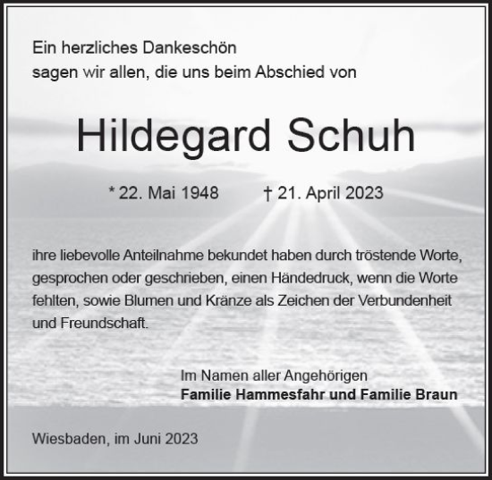 Traueranzeige von Hildegard Schuh von Wiesbadener Kurier
