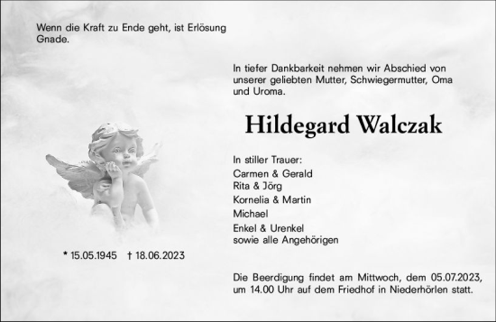 Traueranzeige von Hildegard Walczak von Hinterländer Anzeiger
