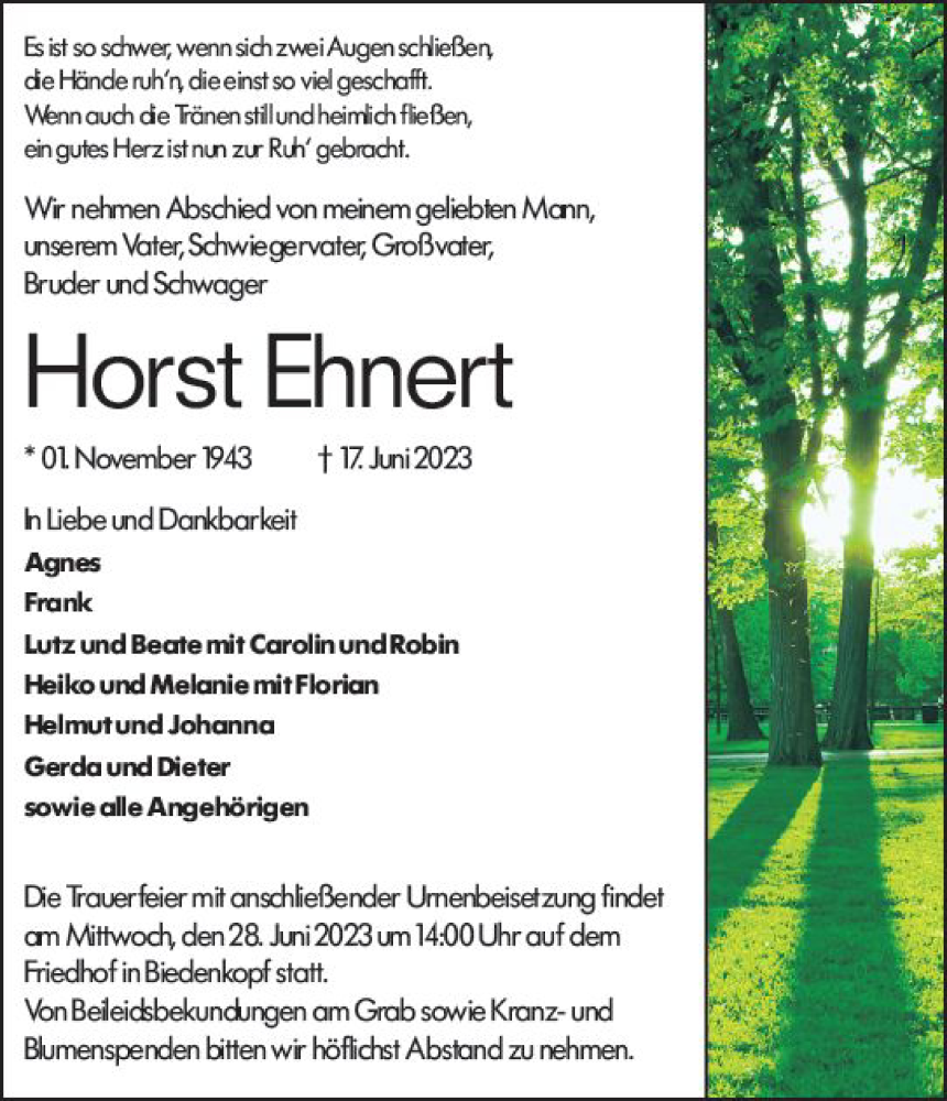  Traueranzeige für Horst Ehnert vom 26.06.2023 aus Hinterländer Anzeiger