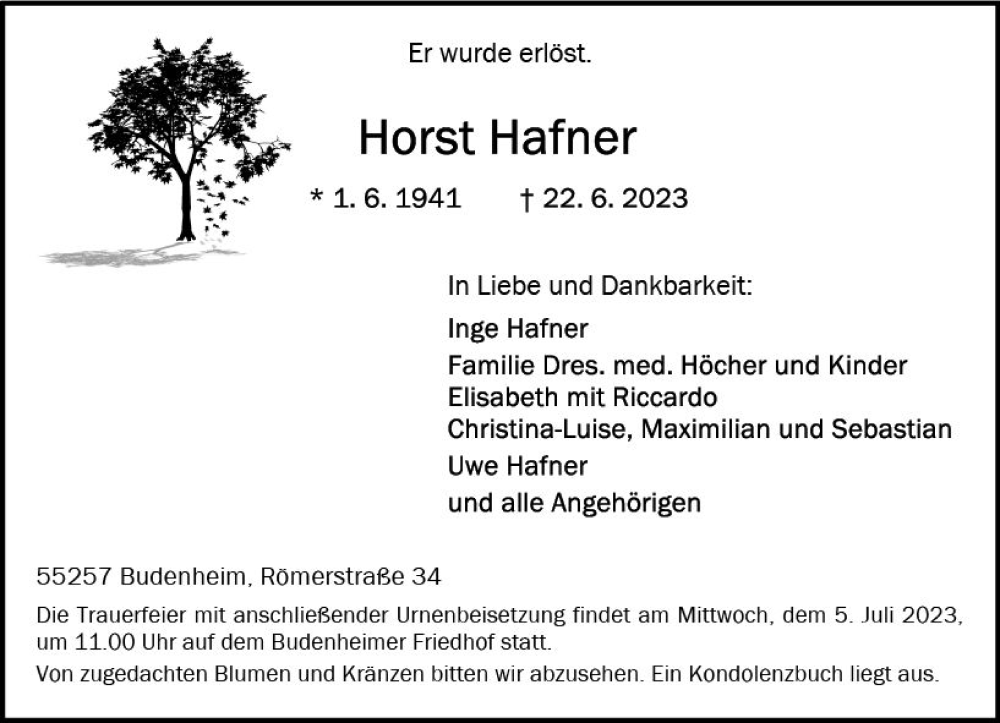  Traueranzeige für Horst Hafner vom 01.07.2023 aus Allgemeine Zeitung Mainz