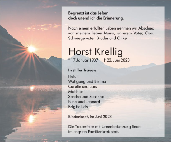 Traueranzeige von Horst Krellig von Hinterländer Anzeiger