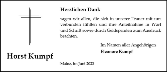 Traueranzeige von Horst Kumpf von Allgemeine Zeitung Mainz
