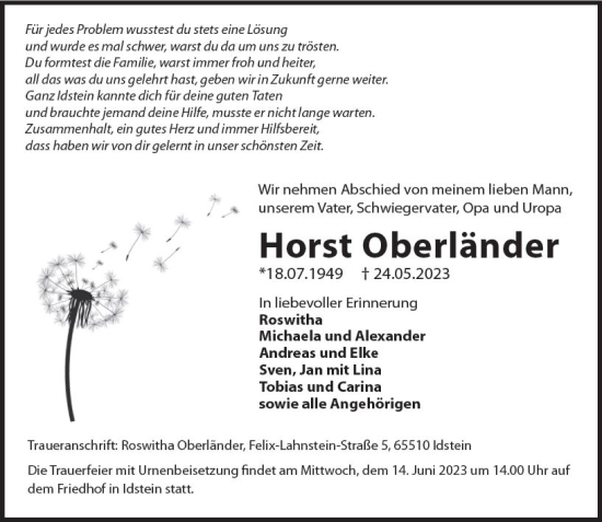 Traueranzeige von Horst Oberländer von Wiesbadener Kurier