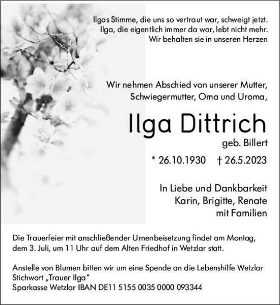 Traueranzeige von Ilga Dittrich von Wetzlarer Neue Zeitung