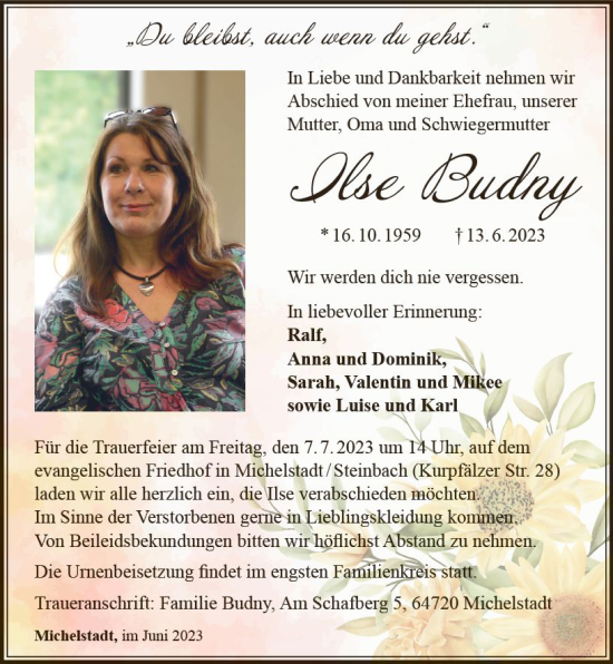Traueranzeige von Ilse Budny von Odenwälder Echo