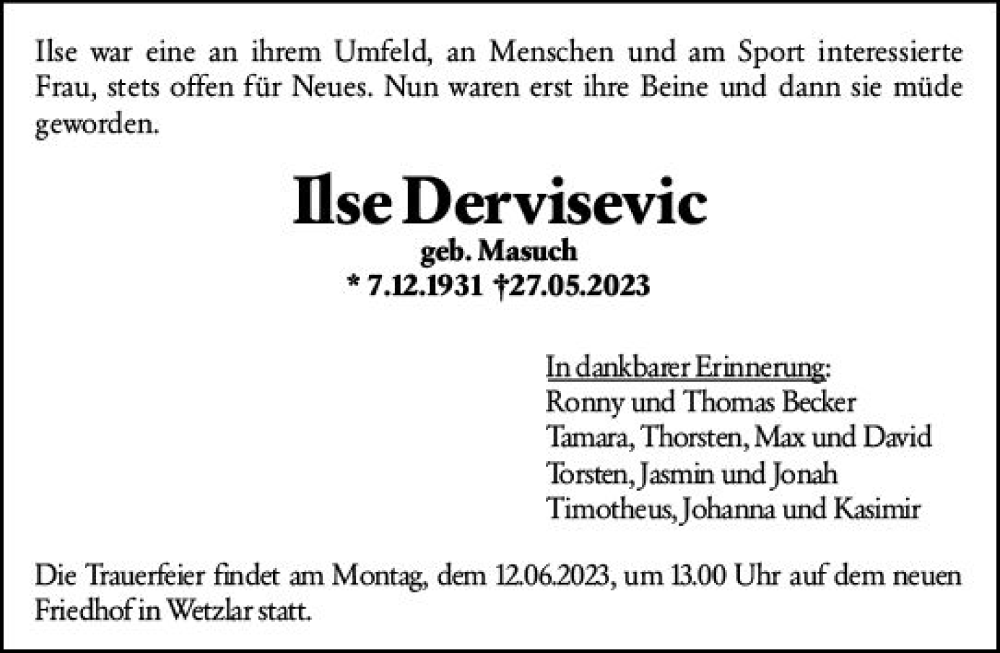  Traueranzeige für Ilse Dervisevic vom 07.06.2023 aus Wetzlarer Neue Zeitung