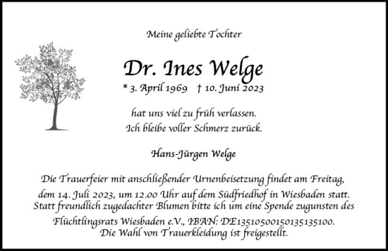 Traueranzeige von Ines Welge von Wiesbadener Kurier