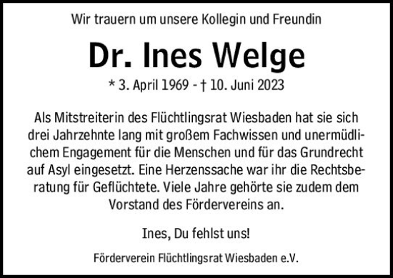 Traueranzeige von Ines Welge von Wiesbadener Kurier