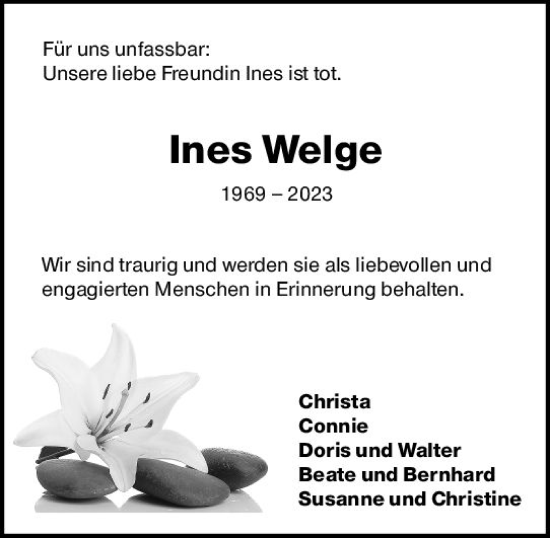 Traueranzeige von Ines Welge von Wiesbadener Kurier