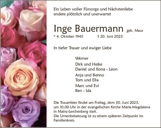Traueranzeige von Inge Bauermann von Allgemeine Zeitung Mainz