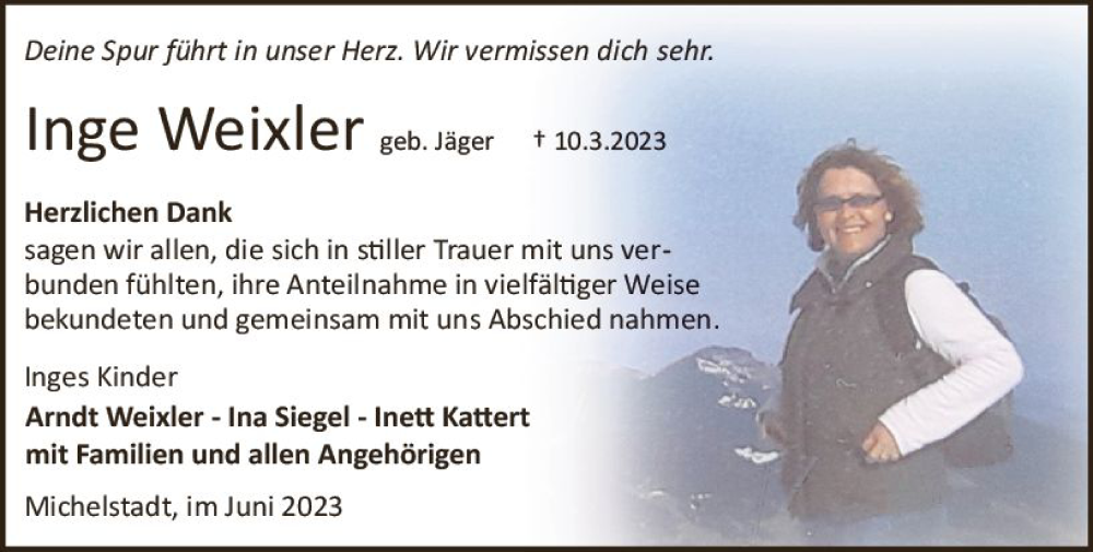  Traueranzeige für Inge Weixler vom 10.06.2023 aus Odenwälder Echo