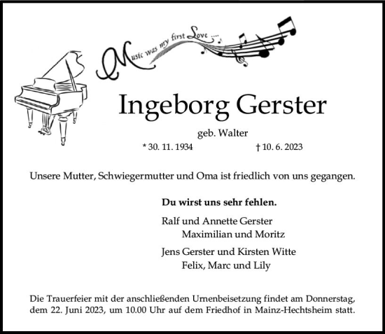 Traueranzeige von Ingeborg Gerster von Allgemeine Zeitung Mainz