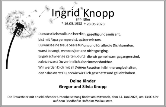 Traueranzeige von Ingrid Knopp von Wiesbadener Kurier
