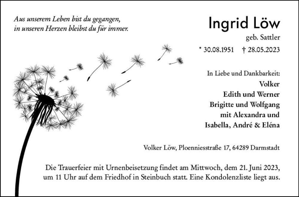  Traueranzeige für Ingrid Löw vom 17.06.2023 aus Odenwälder Echo