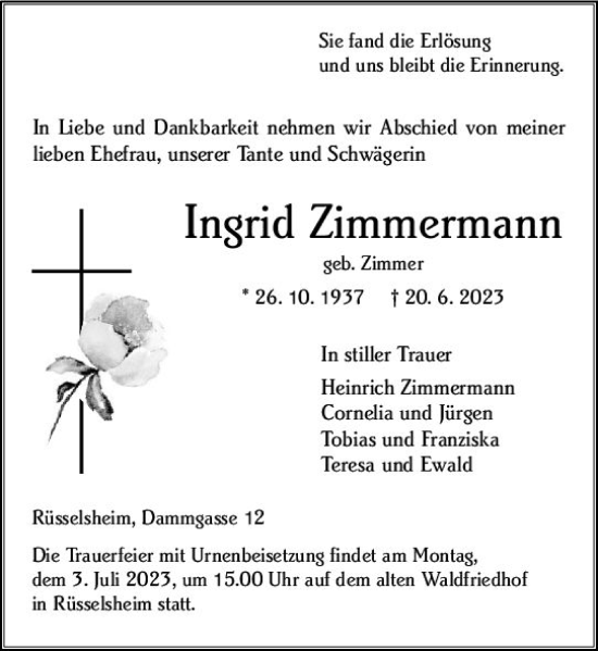 Traueranzeige von Ingrid Zimmermann von Rüsselsheimer Echo