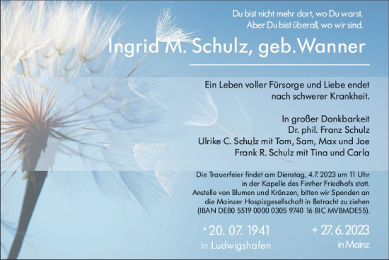 Traueranzeige von Ingrid M. Schulz von Allgemeine Zeitung Mainz