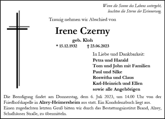 Traueranzeige von Irene Czerny von Allgemeine Zeitung Alzey