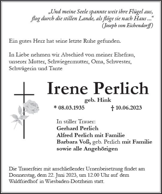 Traueranzeige von Irene Perlich von Wiesbadener Kurier