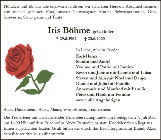 Traueranzeige von Iris Böhme von Allgemeine Zeitung Alzey