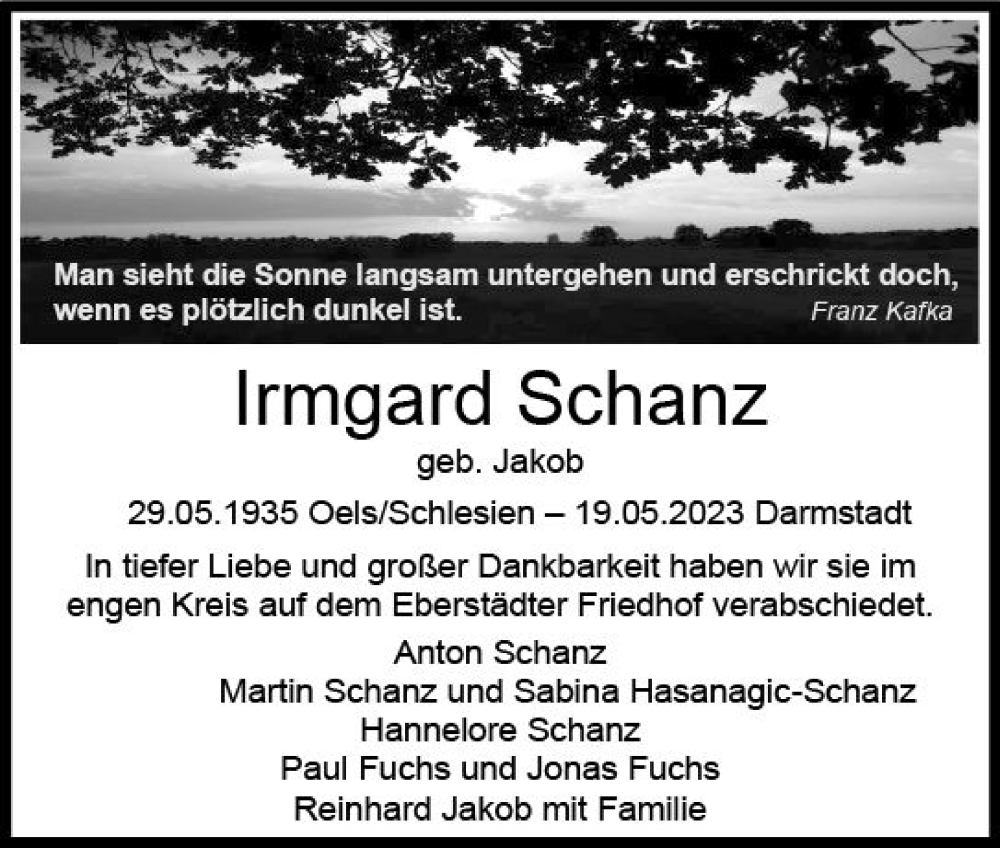  Traueranzeige für Irmgard Schanz vom 17.06.2023 aus Darmstädter Echo