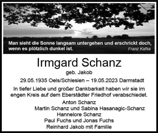 Traueranzeige von Irmgard Schanz von Darmstädter Echo
