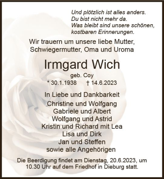 Traueranzeige von Irmgard Wich von Darmstädter Echo
