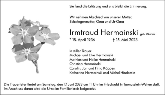 Traueranzeige von Irmtraud Hermainski von Wiesbadener Kurier