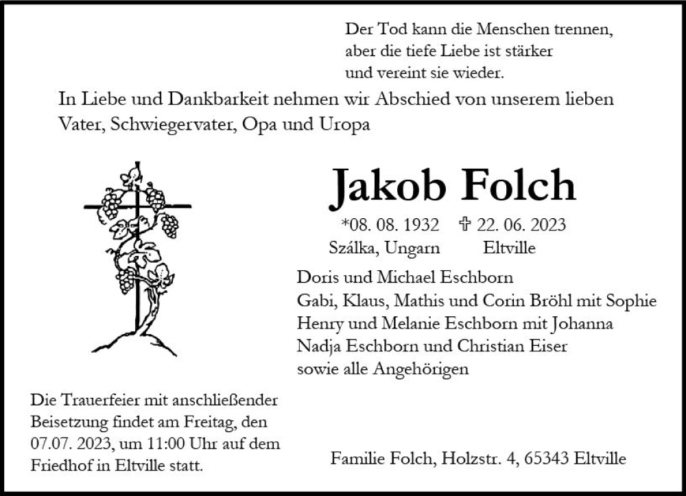  Traueranzeige für Jakob Folch vom 29.06.2023 aus Wiesbadener Kurier